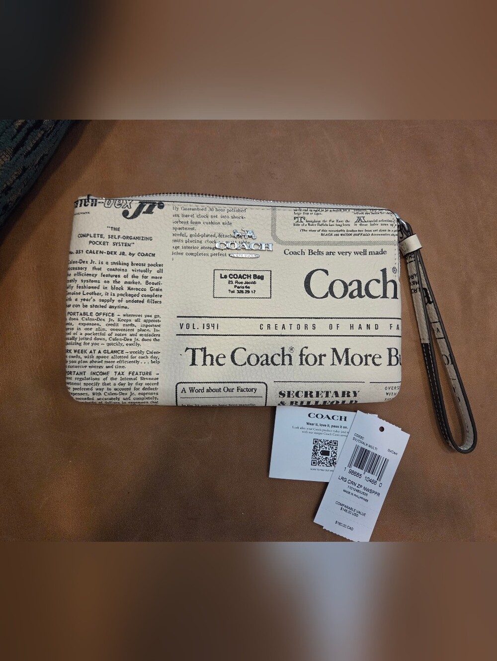 COACH Newspaper-Print Zip Wallet in Cream and Black NWT